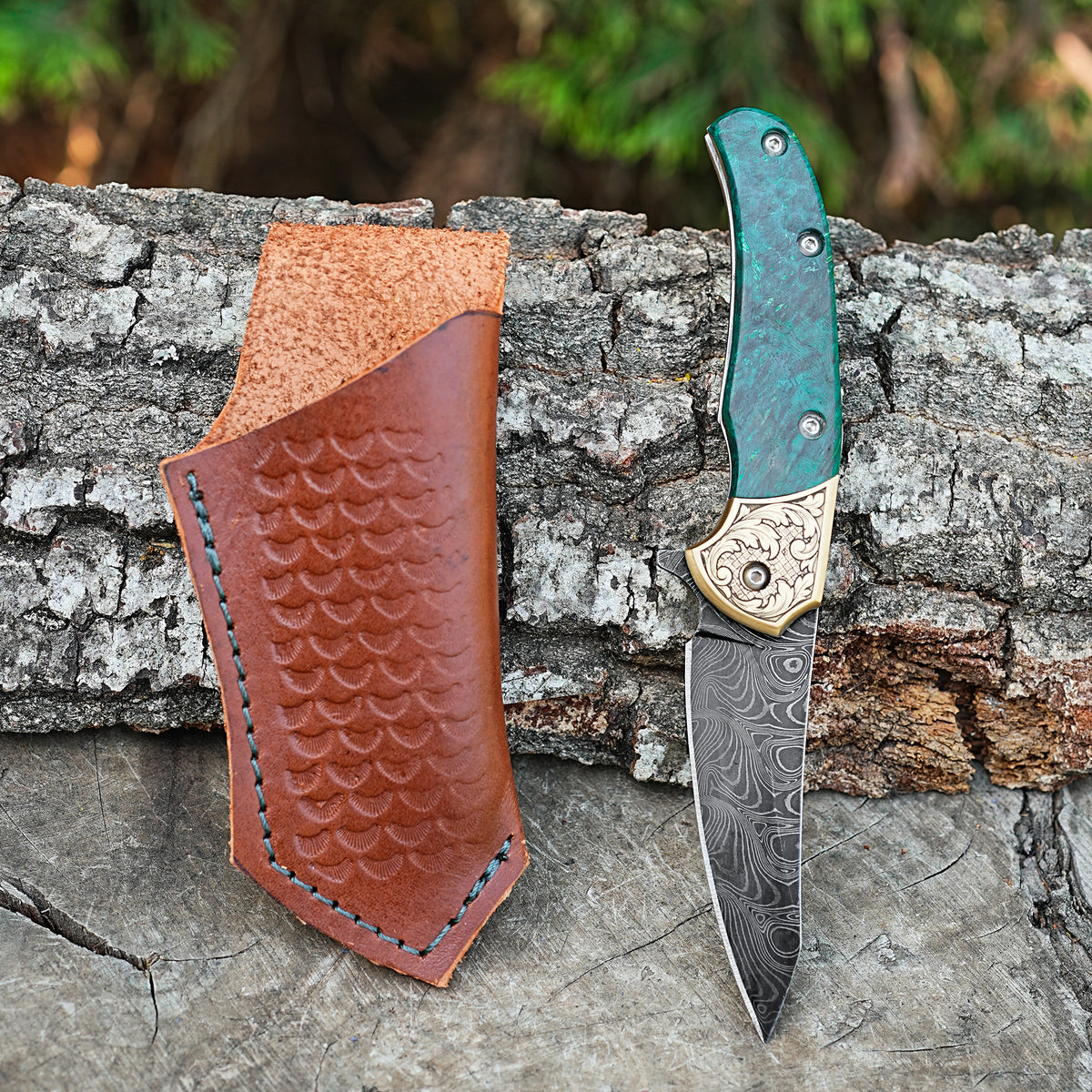 Katlanır Model- Damascus Çelik - Stabilize Sap - 24cm
