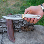 Aslan Gravür İşlemeli Koleksiyon Bıçak - N690 Çeliği - Geyik Sap - 24 Cm
