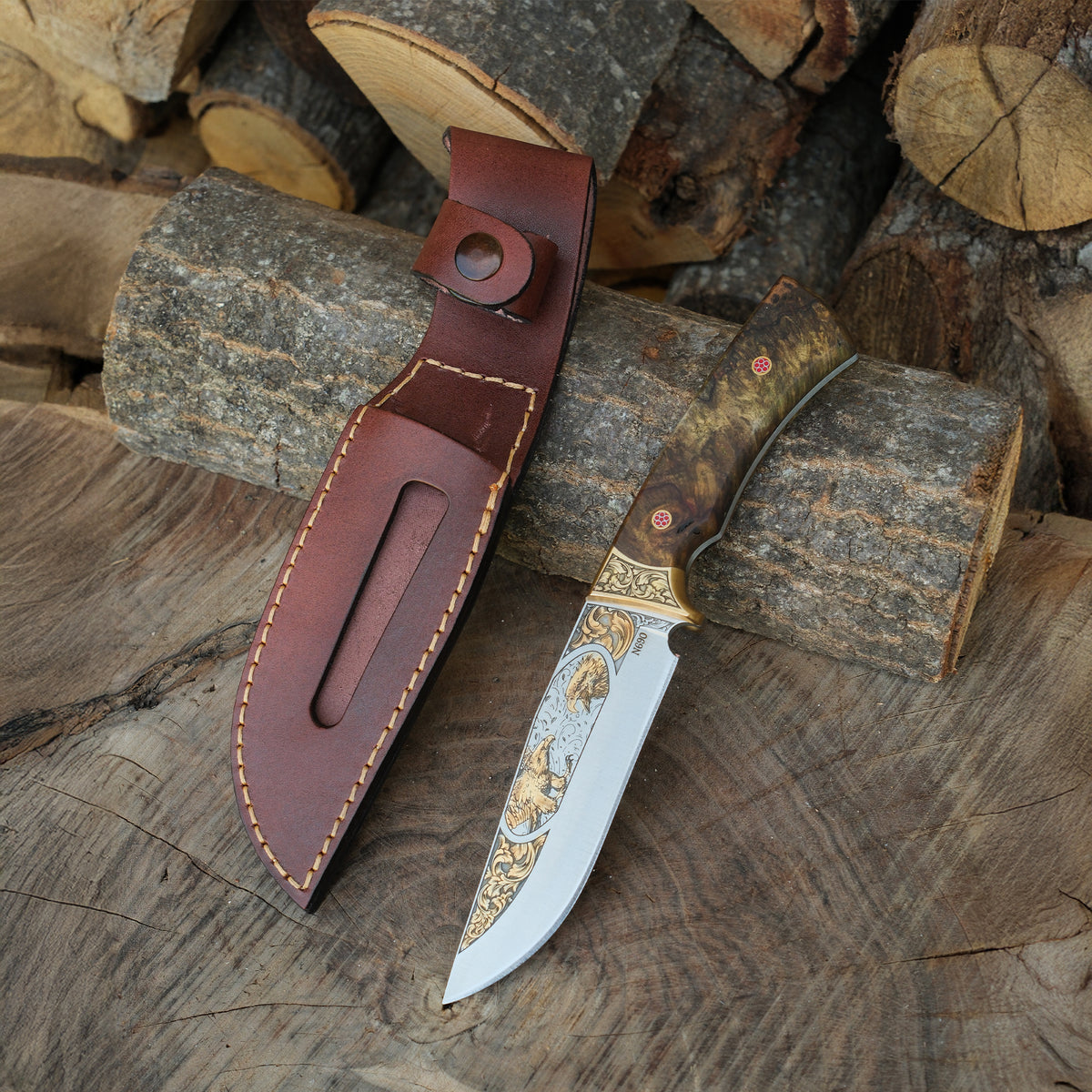 Bushcraft- Koleksiyonluk ve Hediyelik Bıçak 24K Altın Kaplama Kartal Gravür İşlemeli - Kadife Kutulu