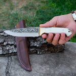 Kurt Gravürü İşlemeli Koleksiyon Bıçak - N690 Çeliği - Geyik Sap - 24 Cm