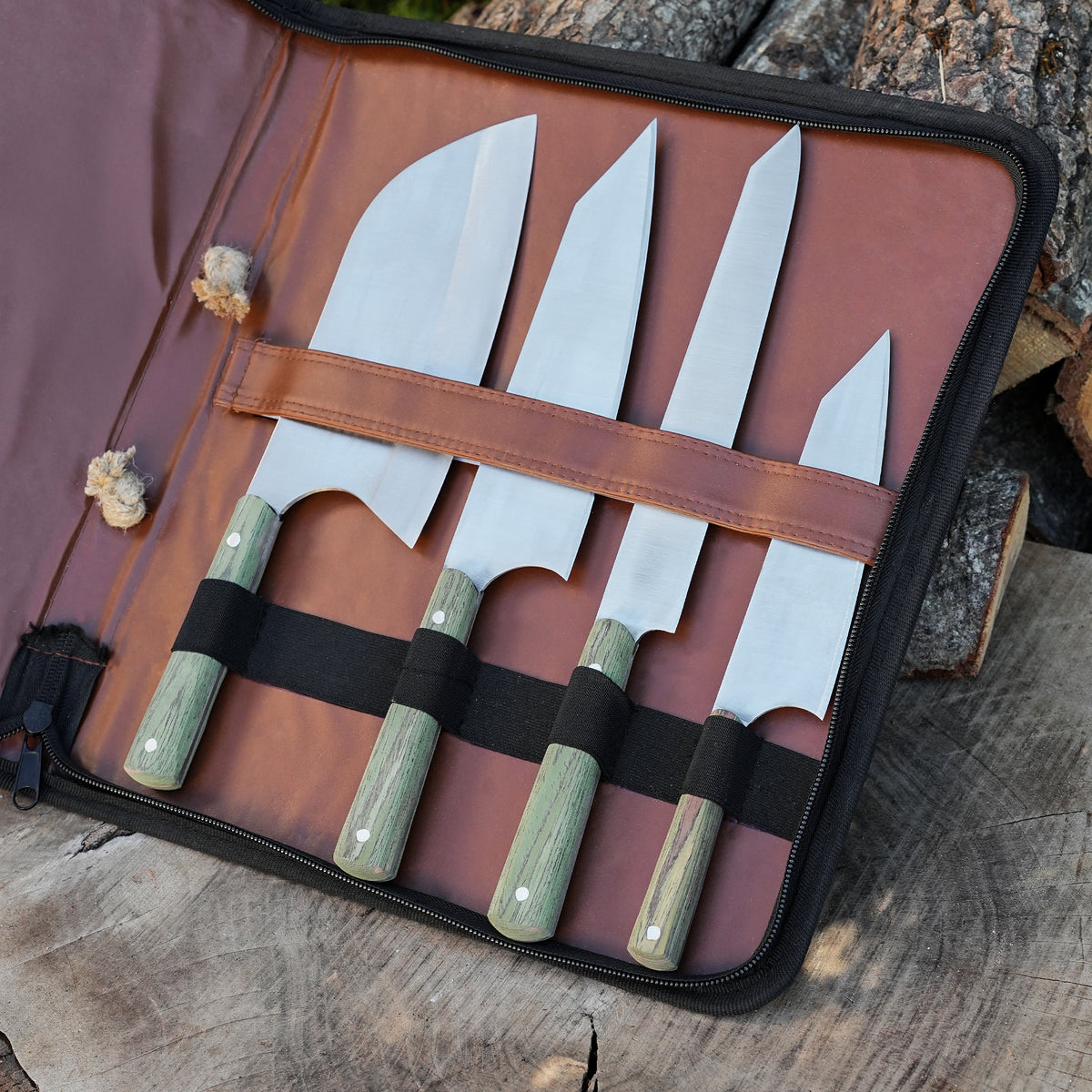 Şef Bıçağı Seti 4'lü - Ceviz Sap - Çantalı
