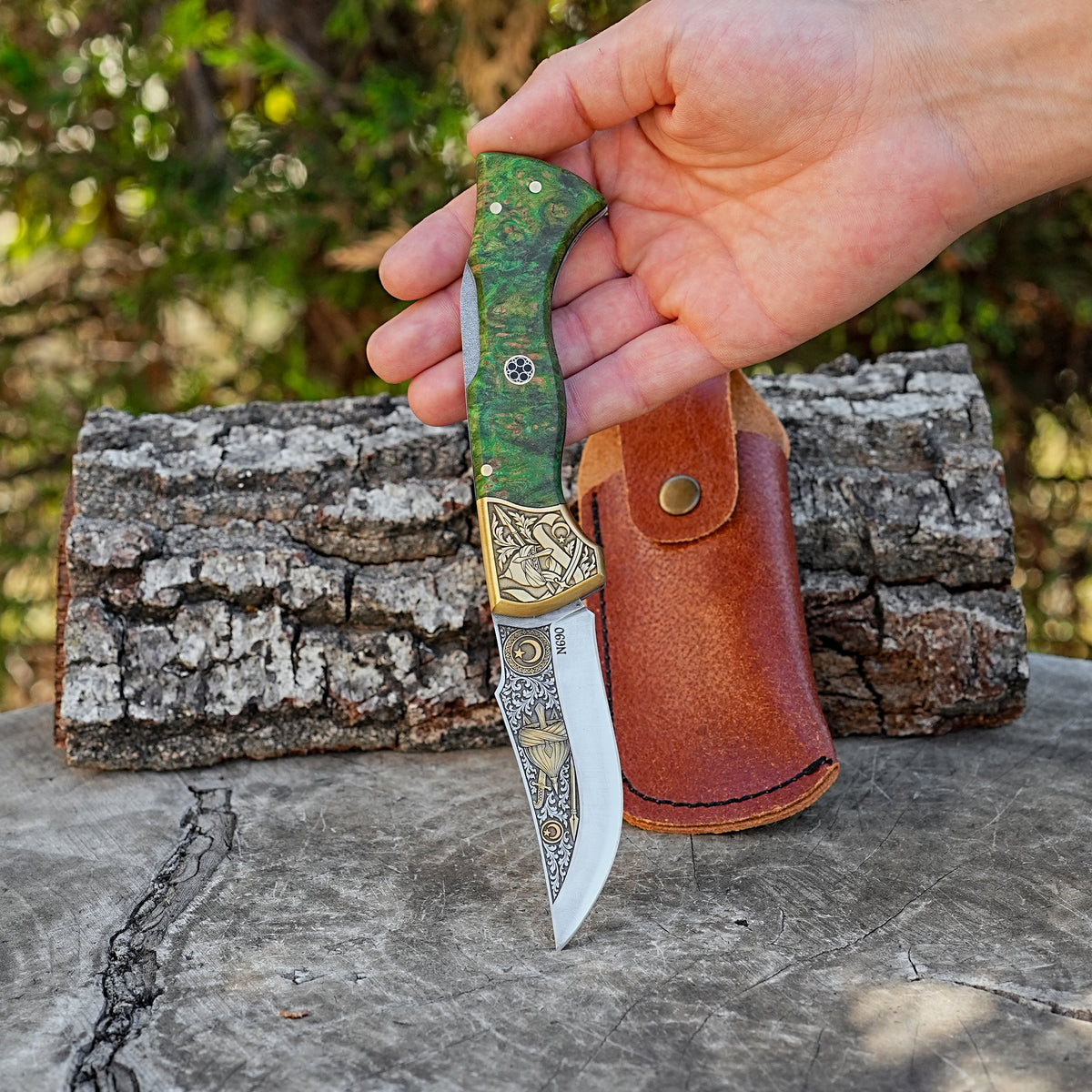 Katlanır Model- N690 Çelik 24K Altın Miğfer - Kılıç Gravür İşlemeli Stabilize Sap