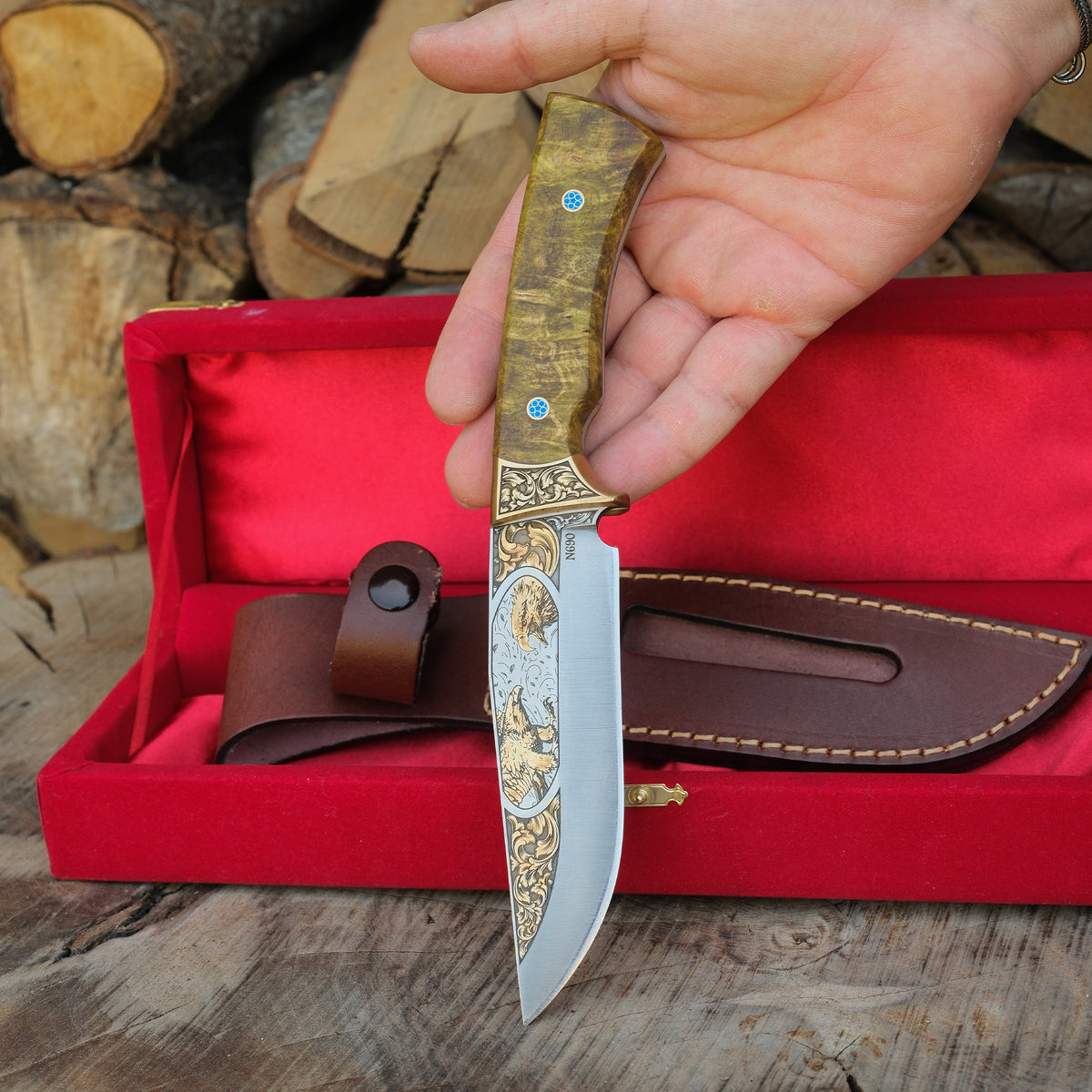 Bushcraft- Koleksiyonluk ve Hediyelik Bıçak 24K Altın Kaplama Kartal Gravür İşlemeli - Kadife Kutulu