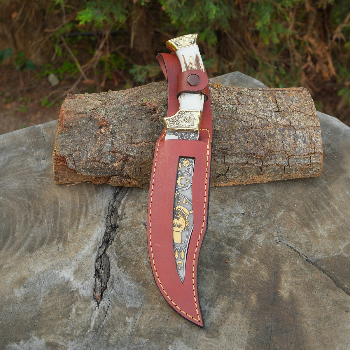 Koleksiyonluk ve Hediyelik Bıçak 24K Altın II. Abdülhamid Gravür İşlemeli - Bakır Detaylı Geyik Boynuzu Sap - Kadife Kutulu