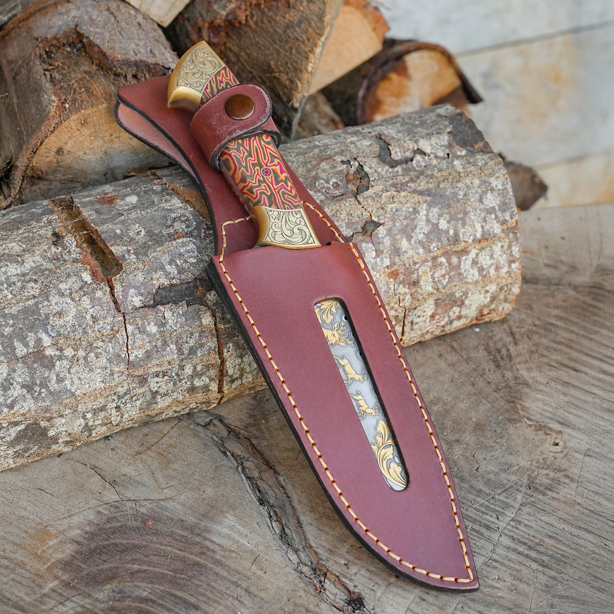 Koleksiyonluk ve Hediyelik Kasatura Model 24K Altın Kaplama Geyik Gravür İşlemeli - Stabilize Sap - Kadife Kutulu