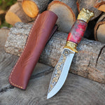 Koleksiyonluk ve Hediyelik Puukko Bıçak 24K Altın Kaplama Aslan Başlı Gravür İşlemeli - Kadife Kutulu