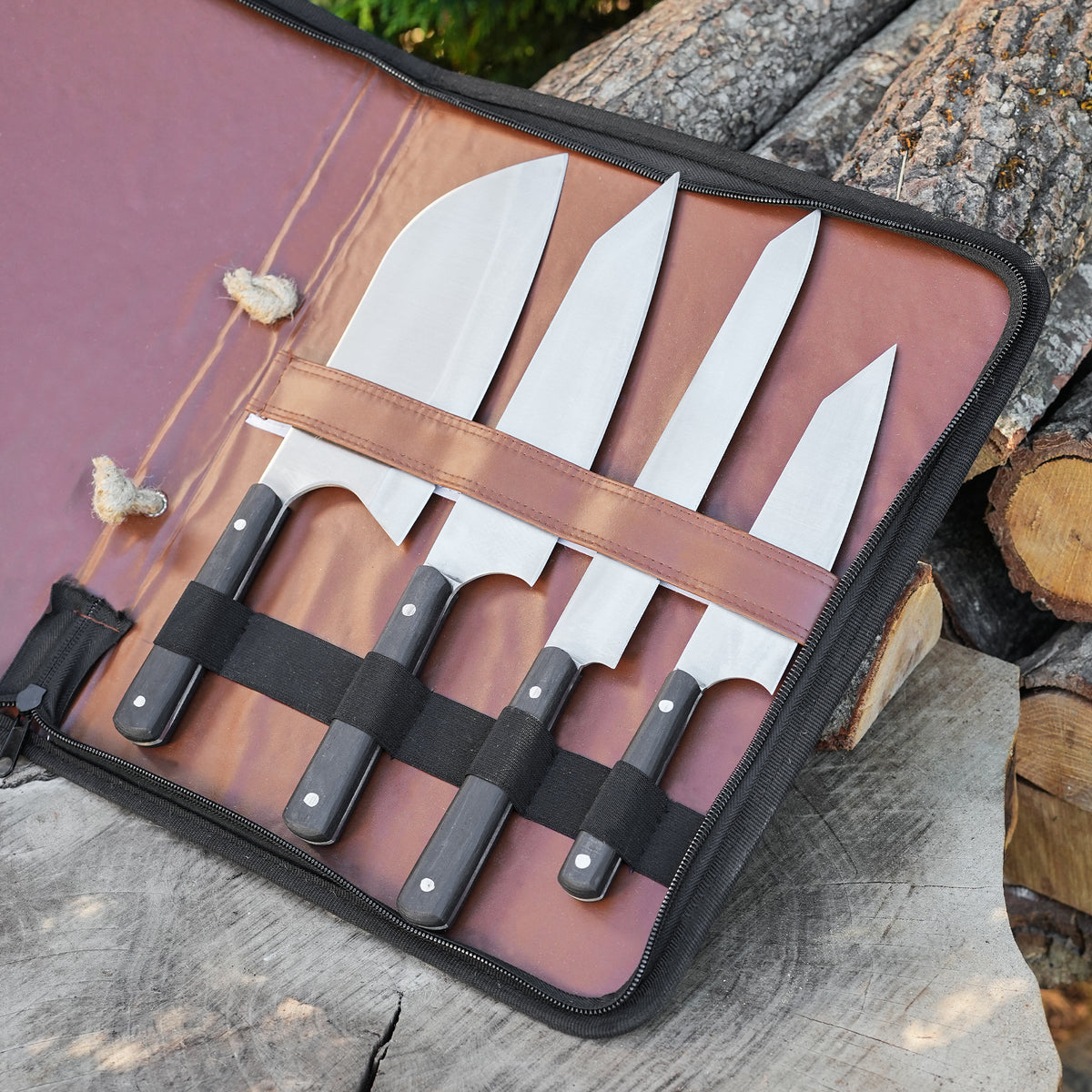 Şef Bıçağı Seti 4'lü - Ceviz Sap - Çantalı