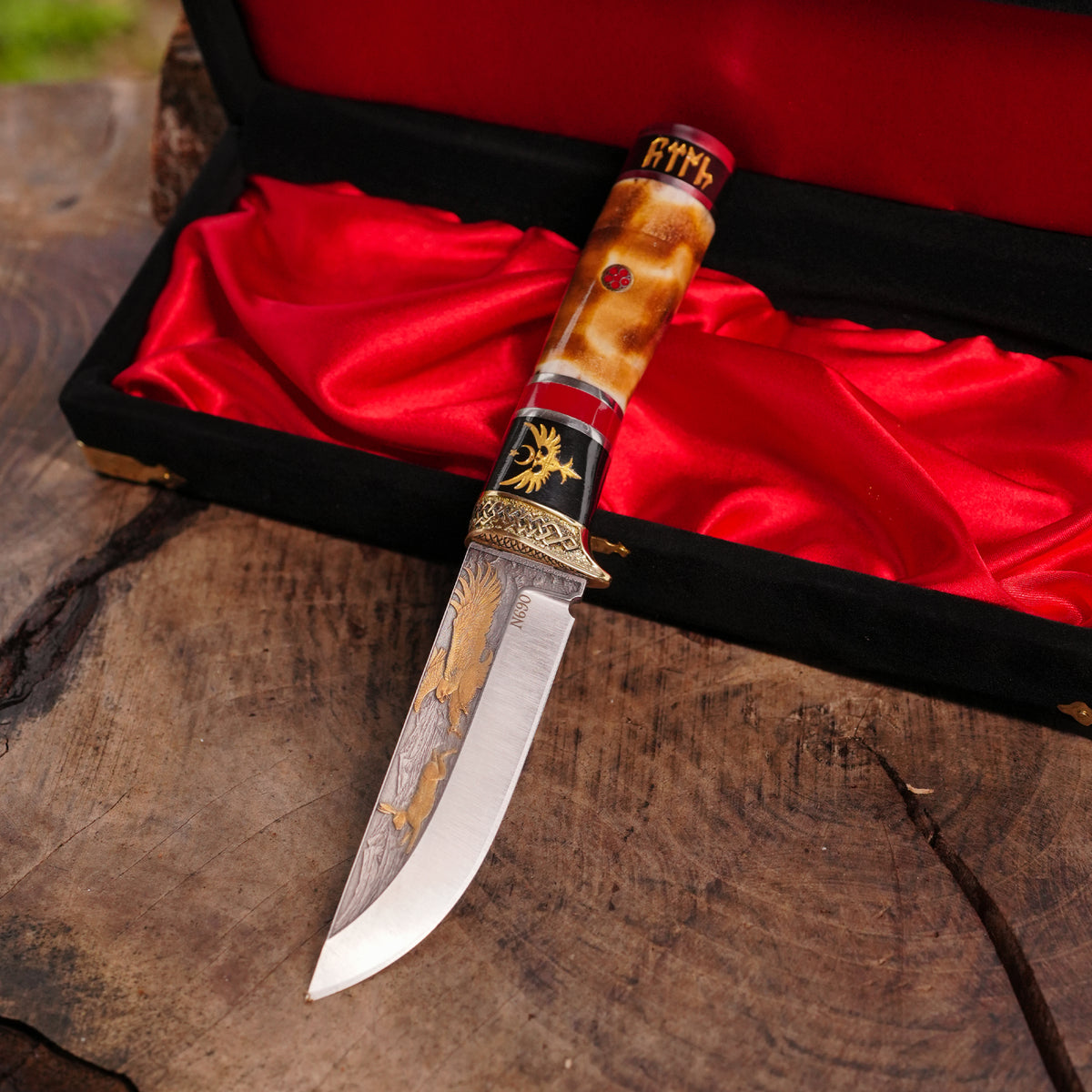 Avcı Bıçağı 25 Cm – Geyik Boynuz Sap – N690 Çelik 24 K Altın - El Yapımı Özel Seri