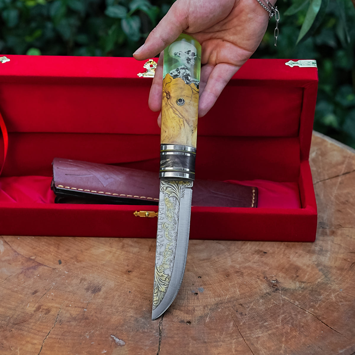 Puukko - N690 Çelik- 24K Altın Kaplama Kurt Gravür İşlemeli - Koleksiyonluk ve Hediyelik Bıçak