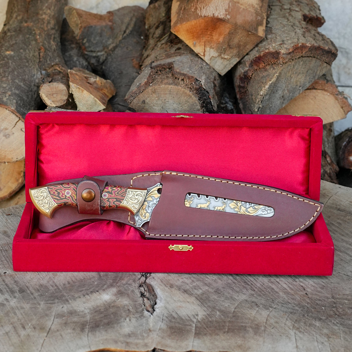 Koleksiyonluk ve Hediyelik Kasatura Model 24K Altın Kaplama Geyik Gravür İşlemeli - Stabilize Sap - Kadife Kutulu