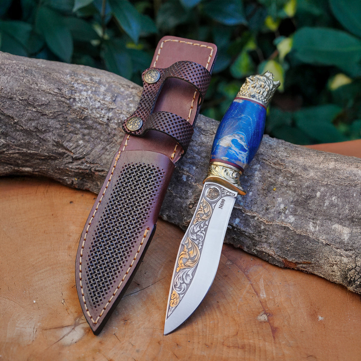 Koleksiyonluk ve Hediyelik Puukko Bıçak 24K Altın Kaplama Ayı Başlı Gravür İşlemeli