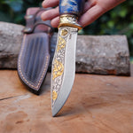 Koleksiyonluk ve Hediyelik Puukko Bıçak 24K Altın Kaplama Ayı Başlı Gravür İşlemeli