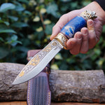 Koleksiyonluk ve Hediyelik Puukko Bıçak 24K Altın Kaplama Ayı Başlı Gravür İşlemeli