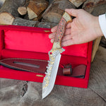 Koleksiyonluk ve Hediyelik Kasatura Model 24K Altın Kaplama Geyik Gravür İşlemeli - Stabilize Sap - Kadife Kutulu