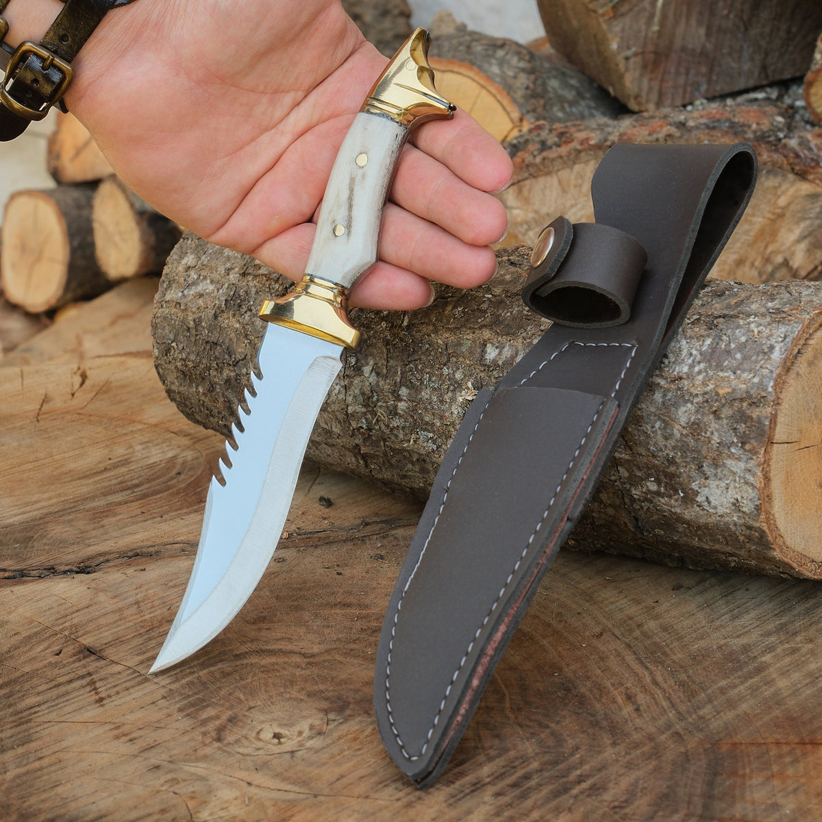 4034 Alman paslanmaz çelikten üretilmiş, orijinal geyik boynuzu saplı 26 cm el yapımı Yatağan bıçak