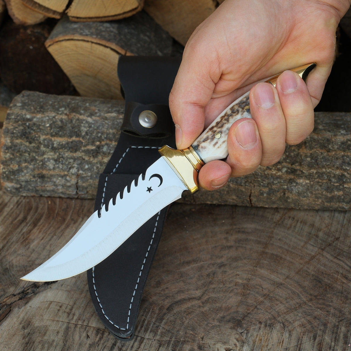 4034 Alman paslanmaz çeliği ve orijinal geyik boynuzu saplı 26 cm el yapımı bıçak