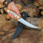 4034 paslanmaz çelikten üretilmiş, orijinal geyik boynuzu saplı 34 cm el yapımı bıçak