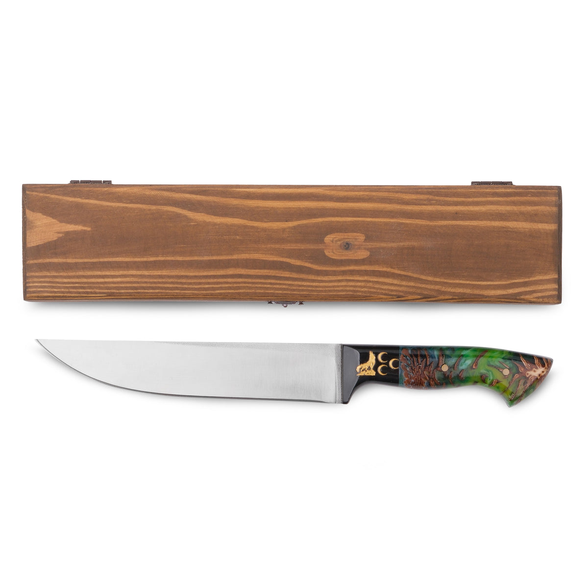 Kelle Bıçağı - N690 Çeliği - 3 Hilal Kurt Desenli - Ahşap Kutulu