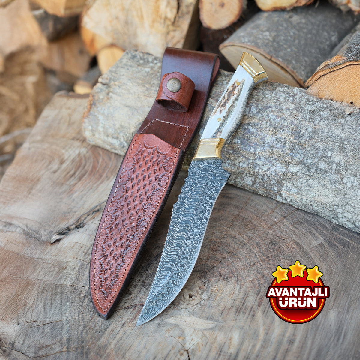 Av Bıçağı 30 Cm - Geyik Boynuzu Sap - Damascus Çeliği