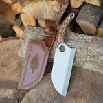 Verzalit saplı Almazan kamp bıçağı, deri kılıfıyla birlikte; outdoor kampçılık ve avcılık için dayanıklı el yapımı bıçak.