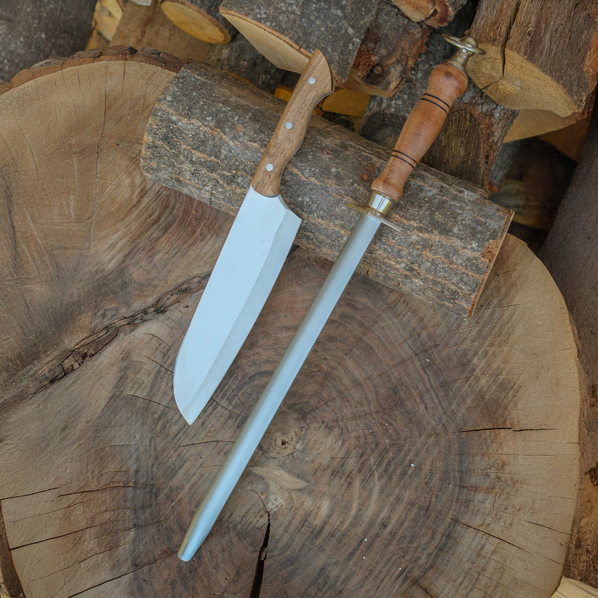 Ceviz kabzalı profesyonel şef bıçağı ve paslanmaz çelik masat seti