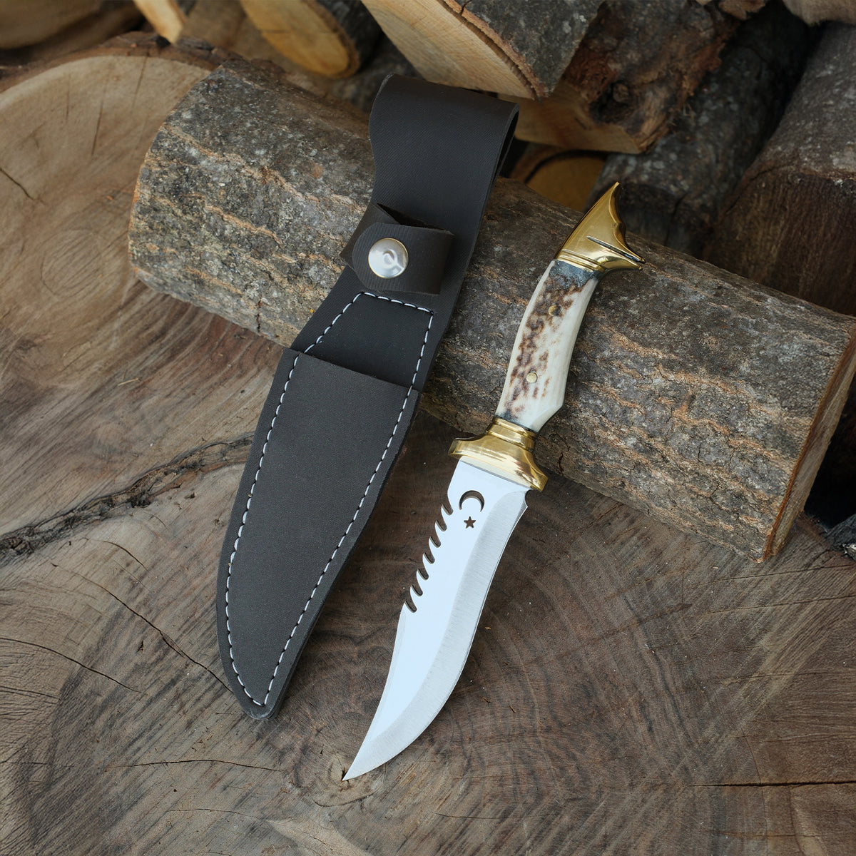 Avcılık ve outdoor kullanıma uygun paslanmaz çelik geyik boynuzu saplı bıçak