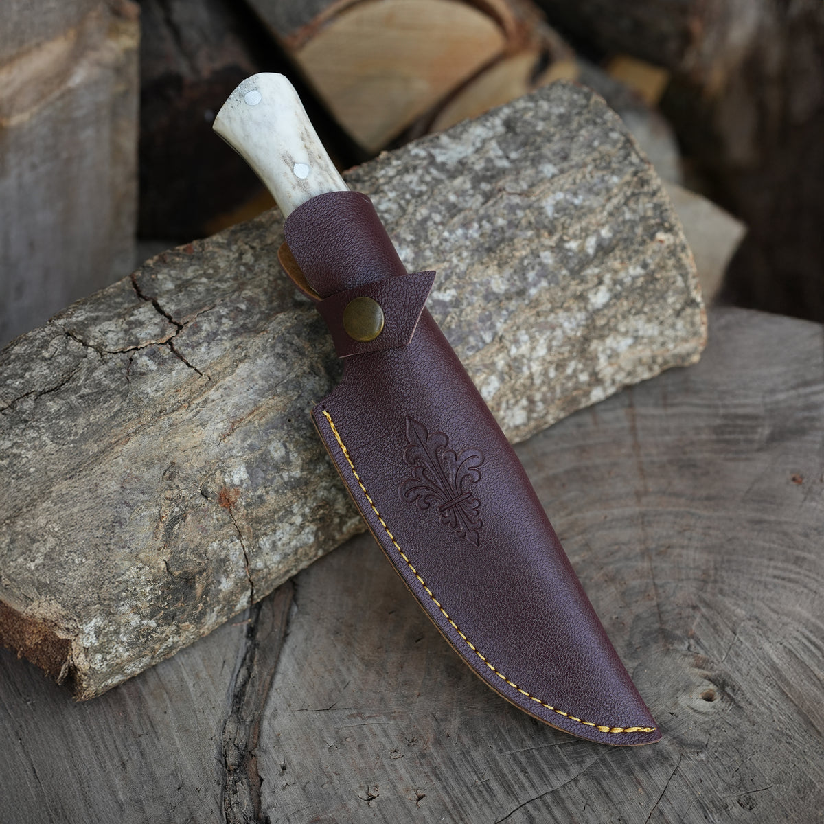 Doğa ve kamp aktiviteleri için tasarlanmış, estetik geyik boynuzu saplı bıçak