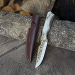 N690 çeliğinden yapılmış, orijinal geyik boynuzu saplı 25 cm bıçak modeli