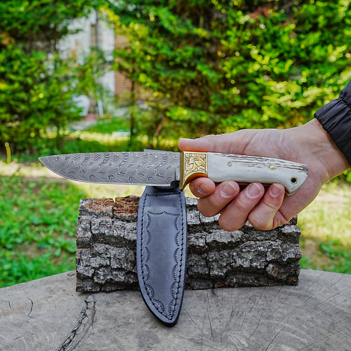Bushcraft 35 Cm – Geyik Boynuzu Saplı – Damascus Çelik El Yapımı Özel Seri