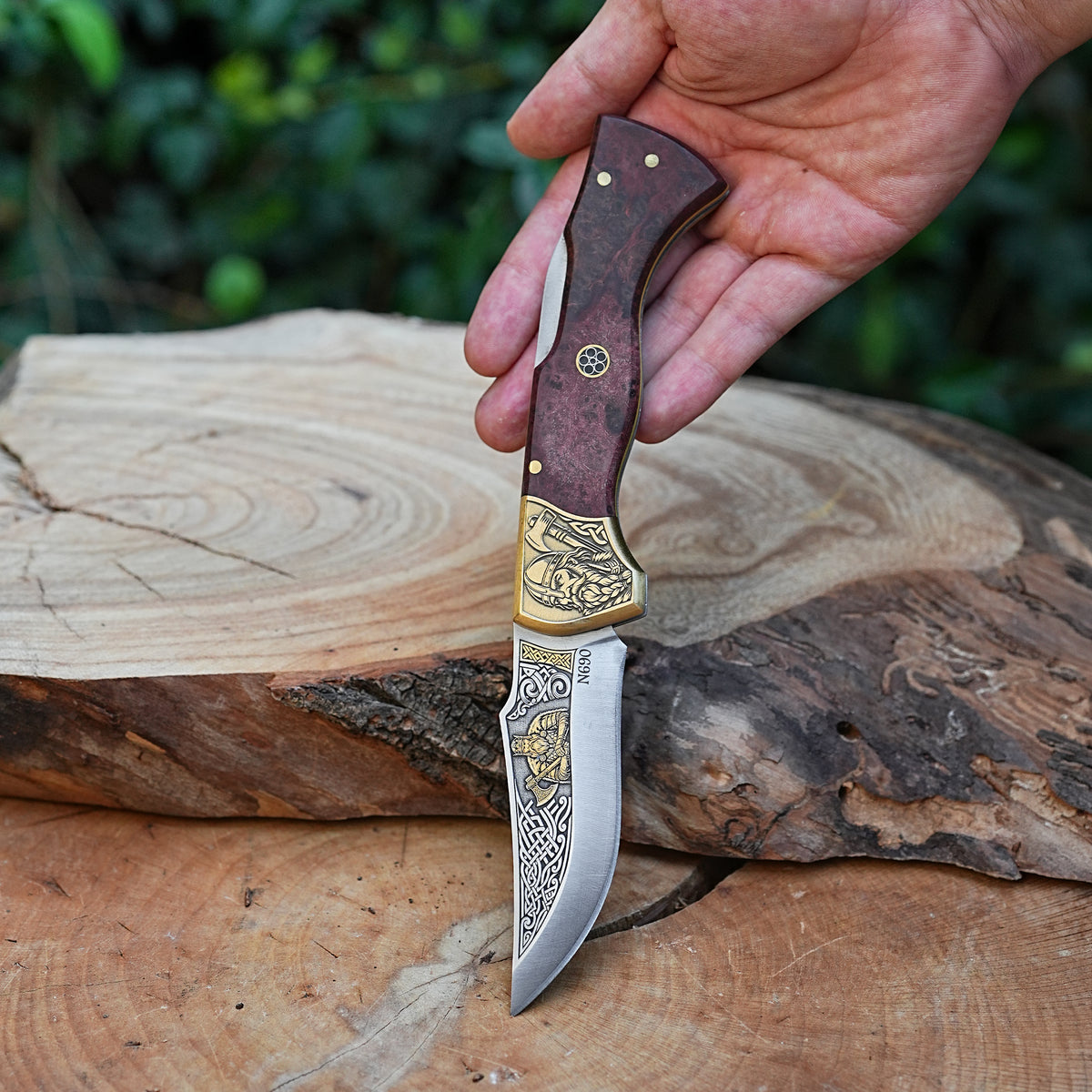 Katlanır Model- N690 Çelik 24K Altın Viking Gravür İşlemeli Stabilize Sap