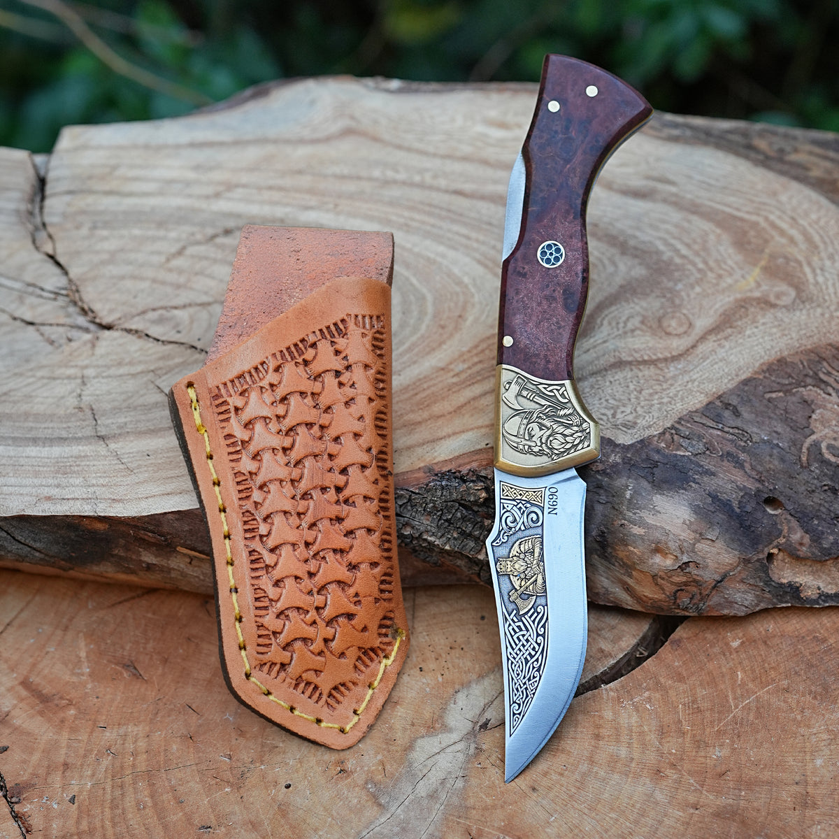 Katlanır Model- N690 Çelik 24K Altın Viking Gravür İşlemeli Stabilize Sap