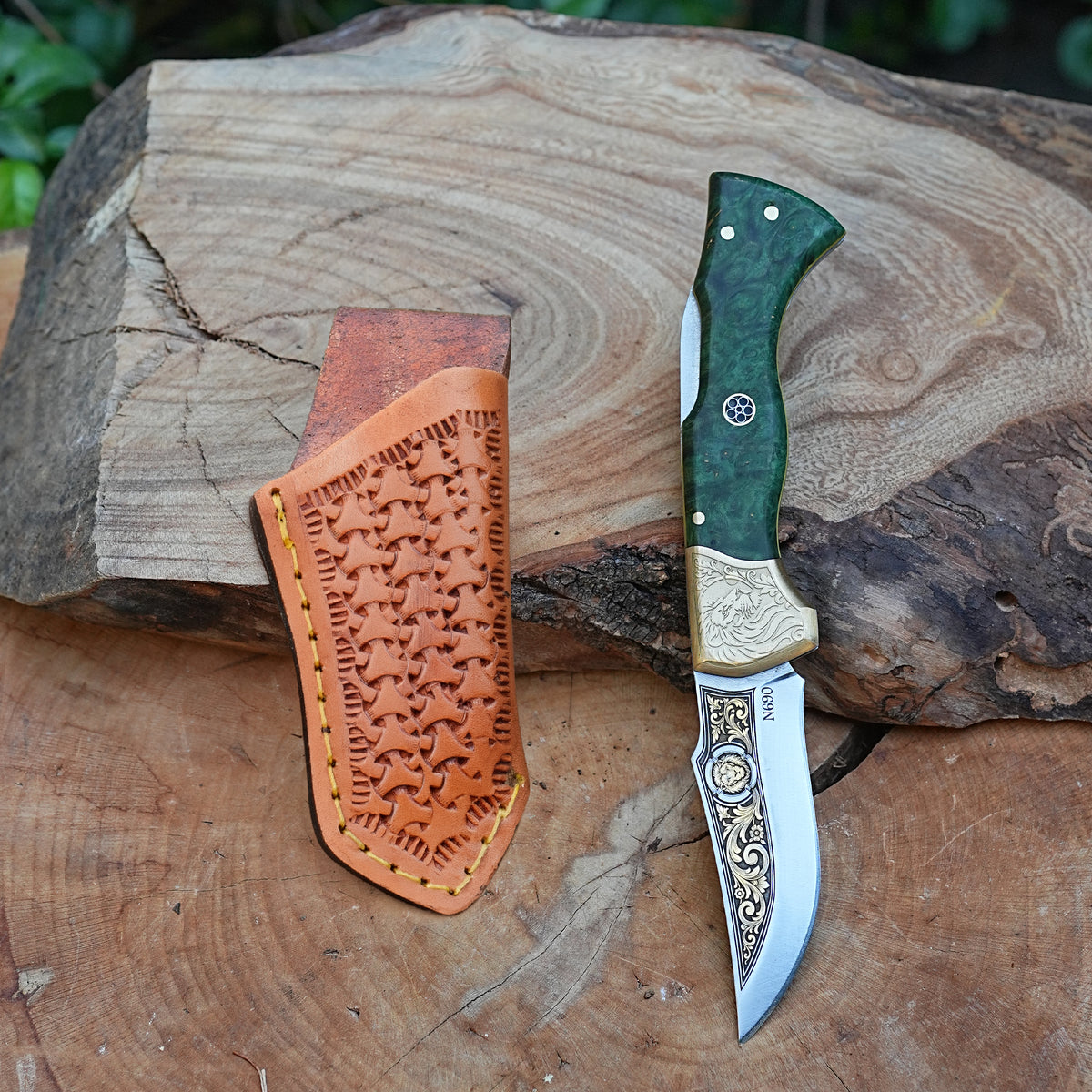 Katlanır Model- N690 Çelik 24K Altın Aslan Gravür İşlemeli Stabilize Sap