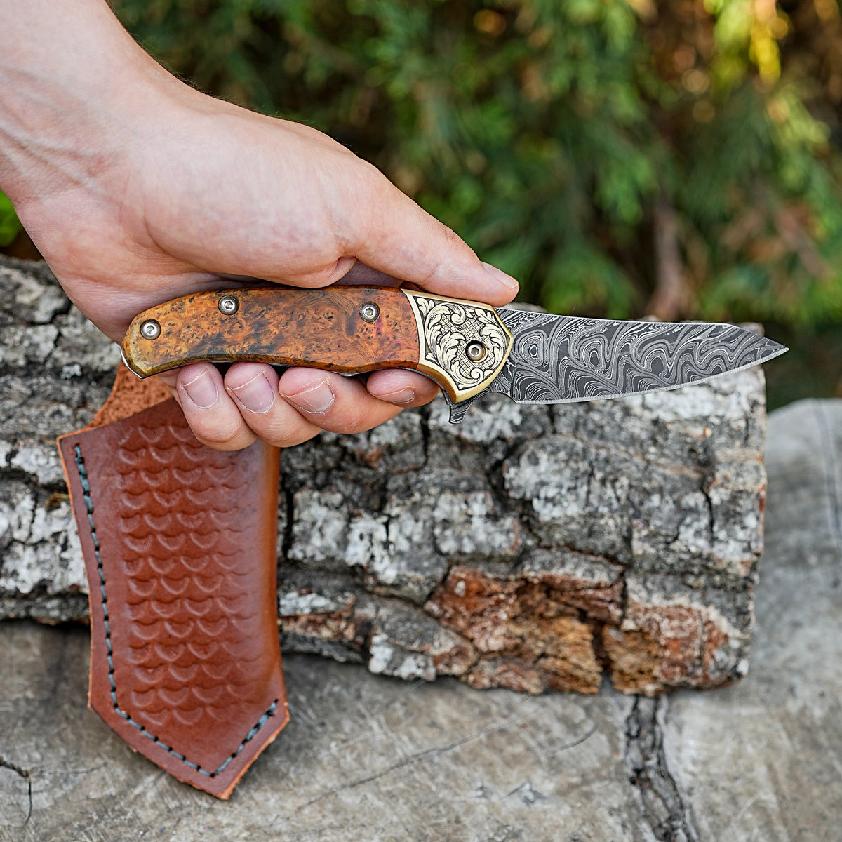 Katlanır Model- Damascus Çelik - Stabilize Sap - 24cm