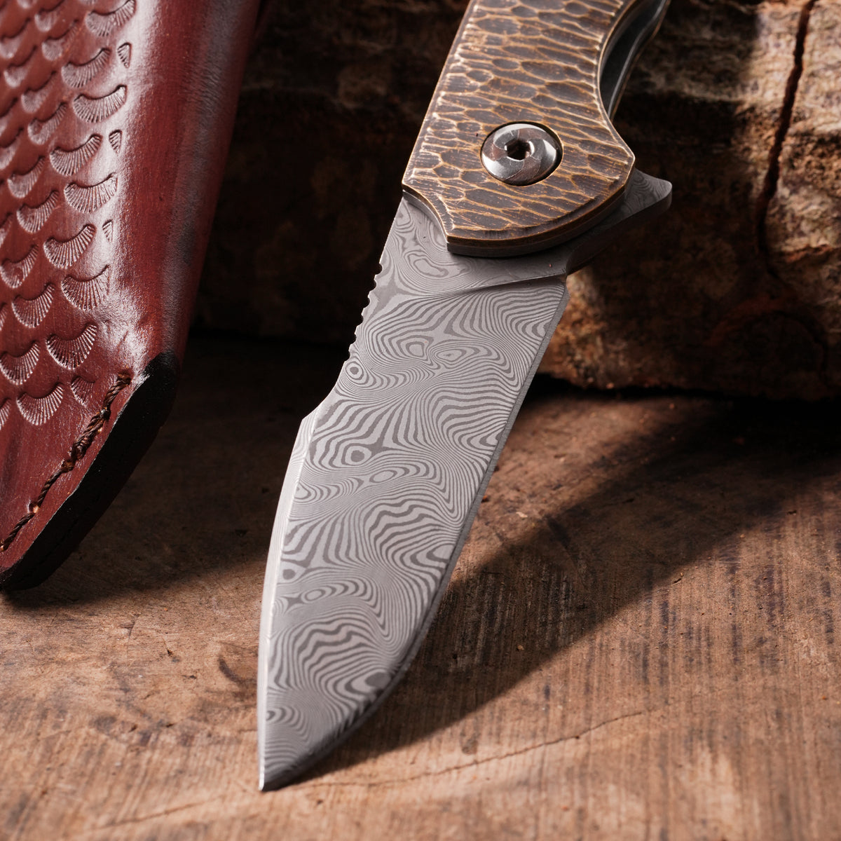 Katlanır Model - 20 Cm - Paslanmaz Damascus Çelik - Pirinç Balçak Sap