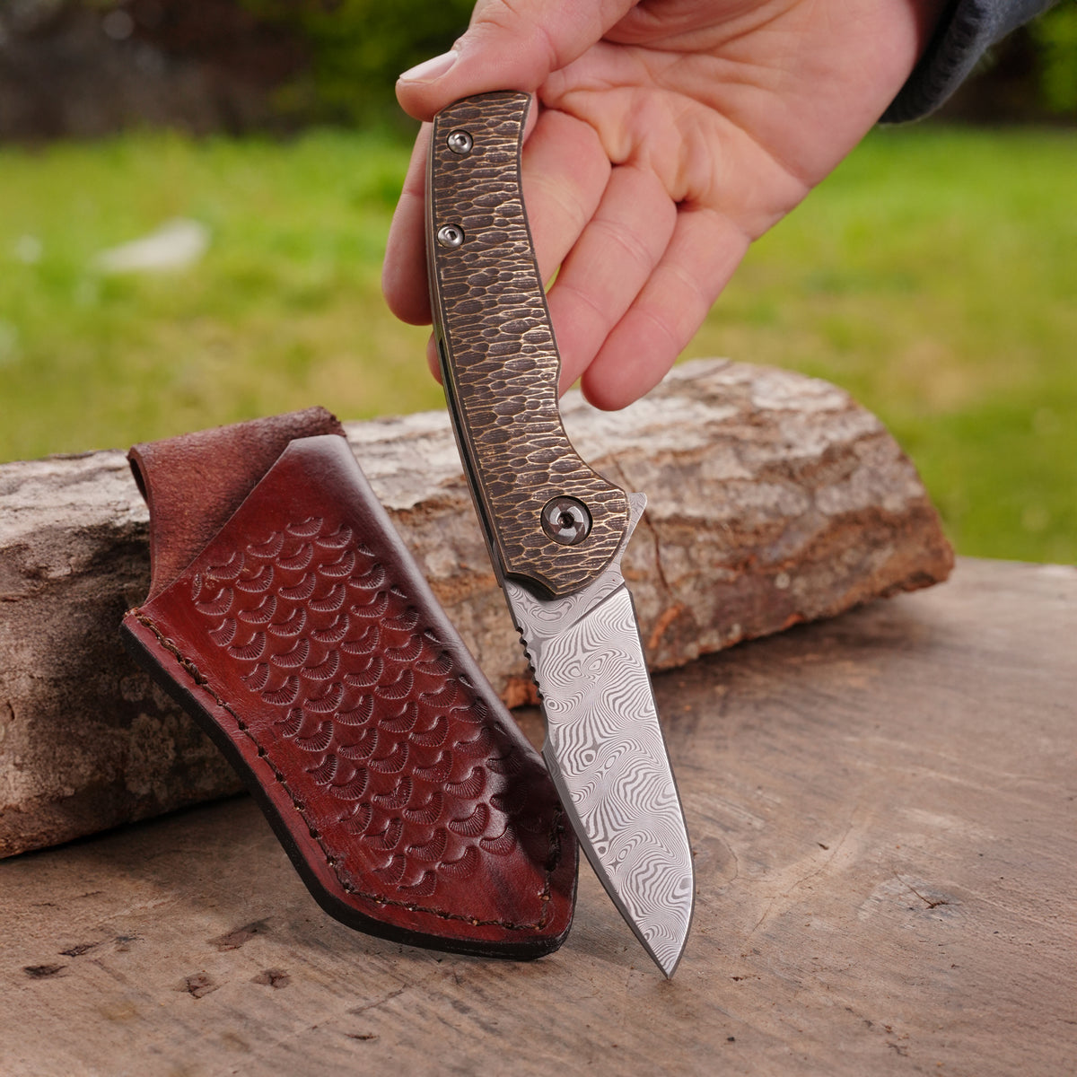 Katlanır Model - 20 Cm - Paslanmaz Damascus Çelik - Pirinç Balçak Sap
