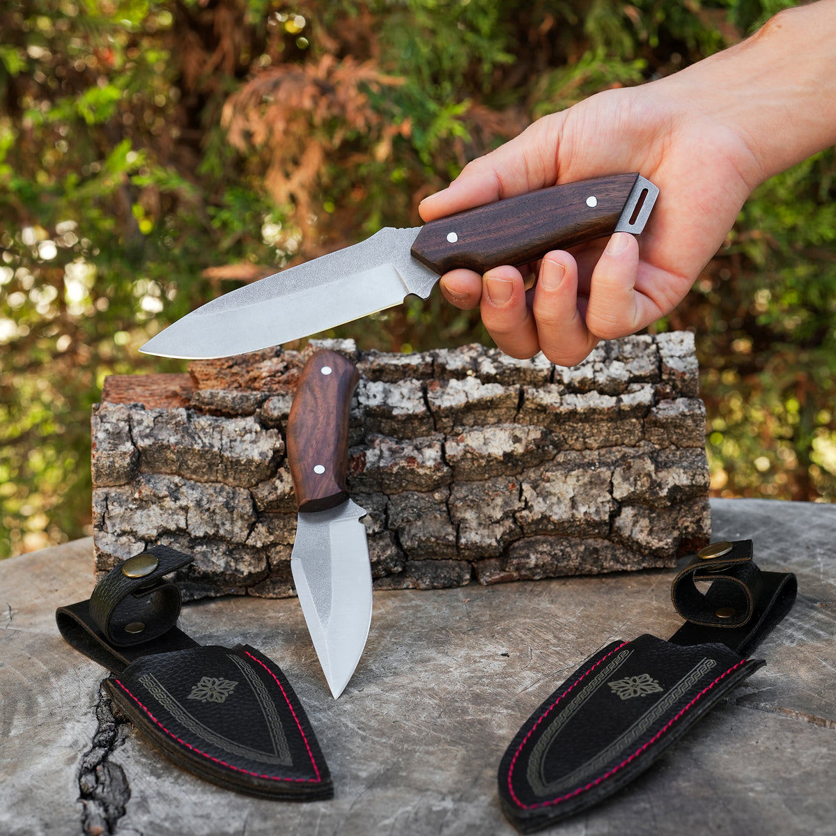 2'li Avcı ModelKamp Bıçağı Seti - Ceviz Sap - 22 Cm