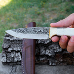 Kurt Gravürü İşlemeli Koleksiyon Bıçak - N690 Çeliği - Geyik Sap - 24 Cm