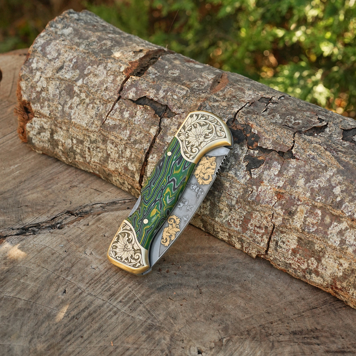 Katlanır Model- N690 Çelik -Avcı Gravür İşleme - Çift Balçak Altın Kaplama