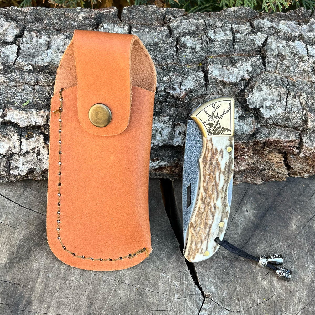 Katlanır Model - N690 Çelik -Geyik İşlemeli Geyik Boynuzu Sap - 19 Cm