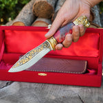 Koleksiyonluk ve Hediyelik Puukko Bıçak 24K Altın Kaplama Aslan Başlı Gravür İşlemeli - Kadife Kutulu