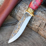 Koleksiyonluk ve Hediyelik Puukko Bıçak 24K Altın Kaplama Aslan Başlı Gravür İşlemeli - Kadife Kutulu