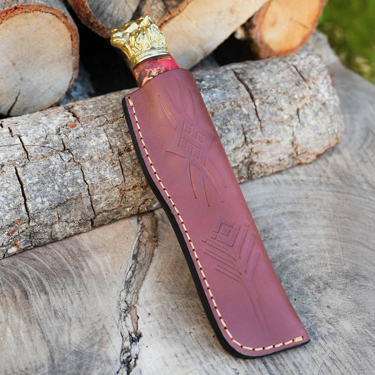 Koleksiyonluk ve Hediyelik Puukko Bıçak 24K Altın Kaplama Aslan Başlı Gravür İşlemeli - Kadife Kutulu