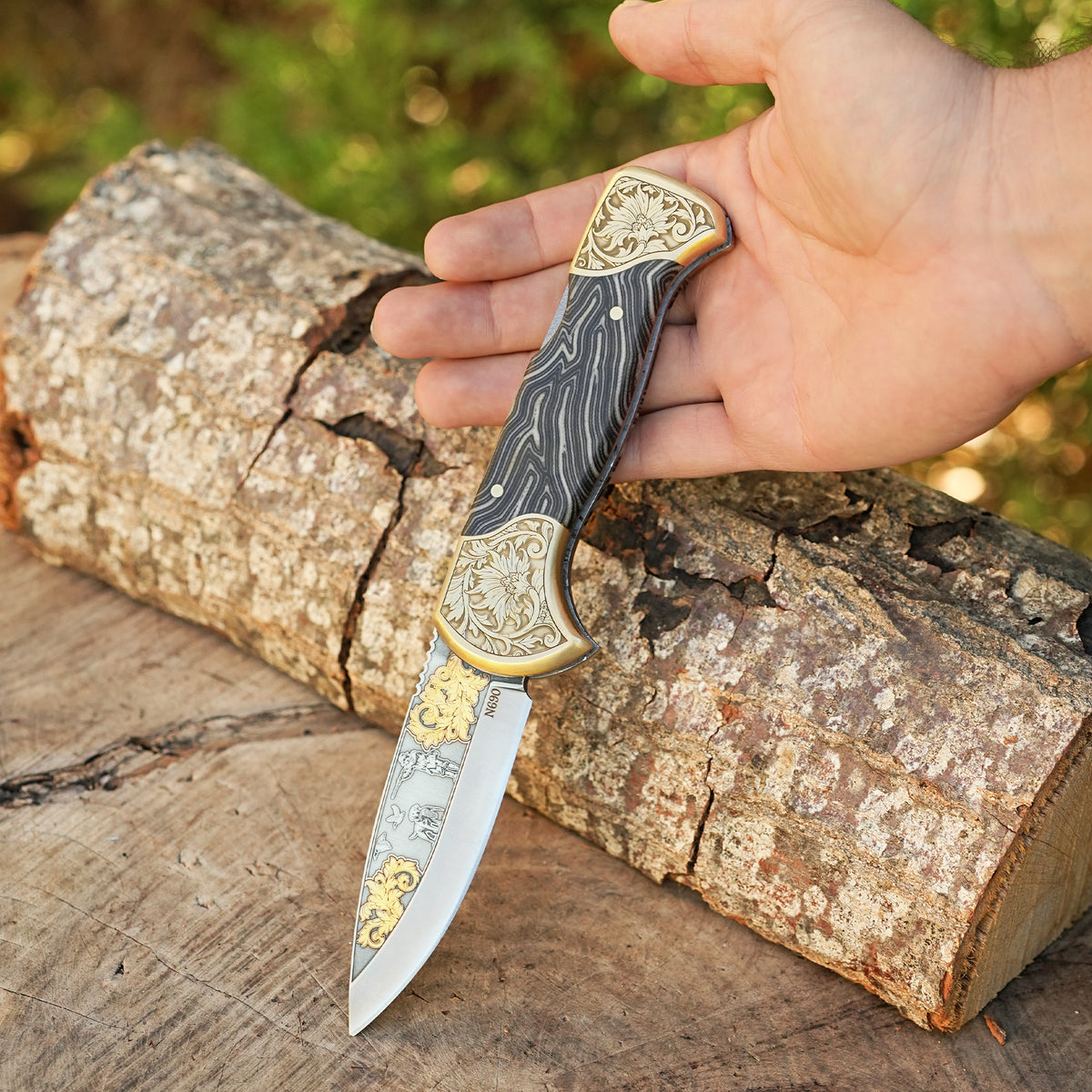 Katlanır Model- N690 Çelik - Avcı Gravür İşleme - Çift Balçak Altın Kaplama