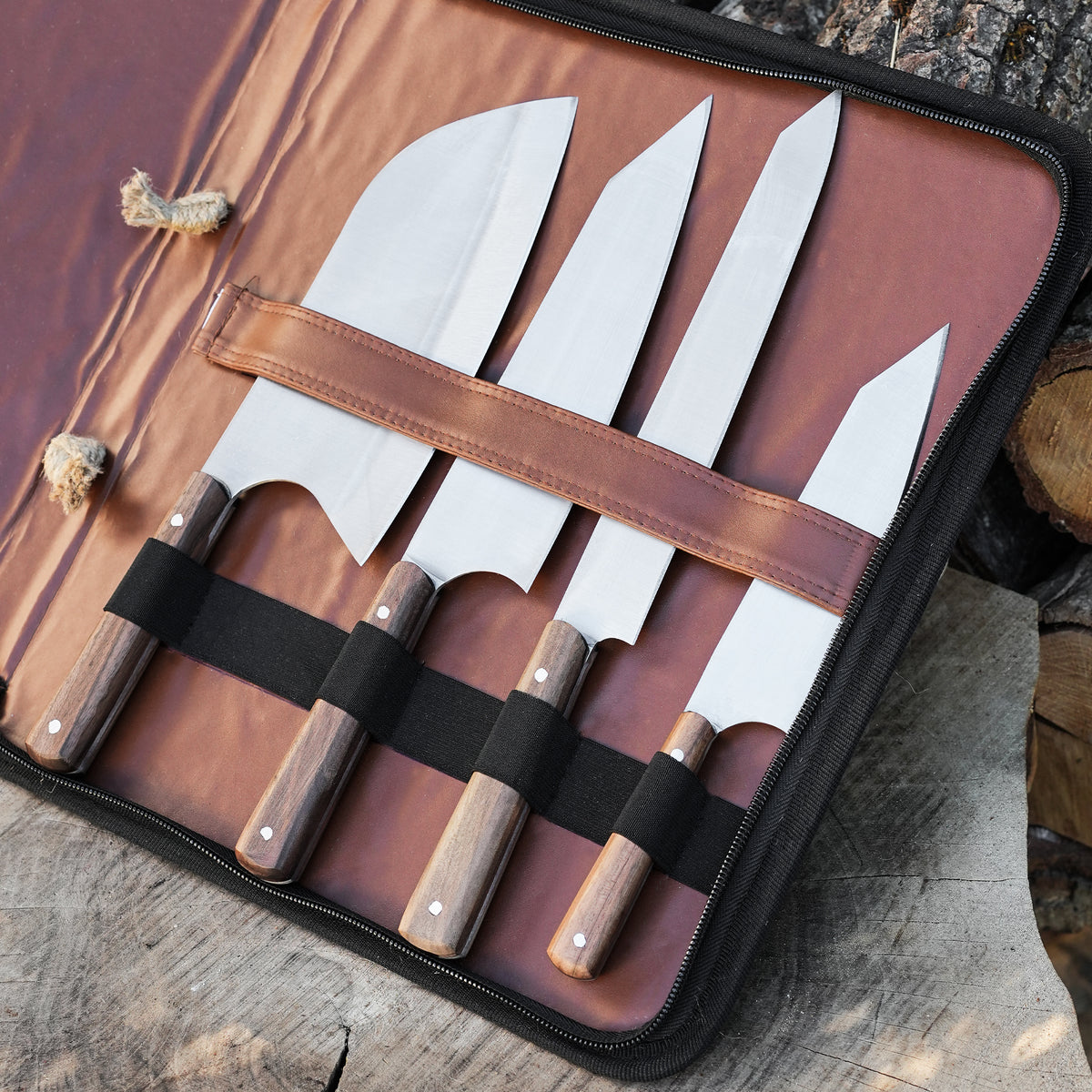 Şef Bıçağı Seti 4'lü - Ceviz Sap - Çantalı