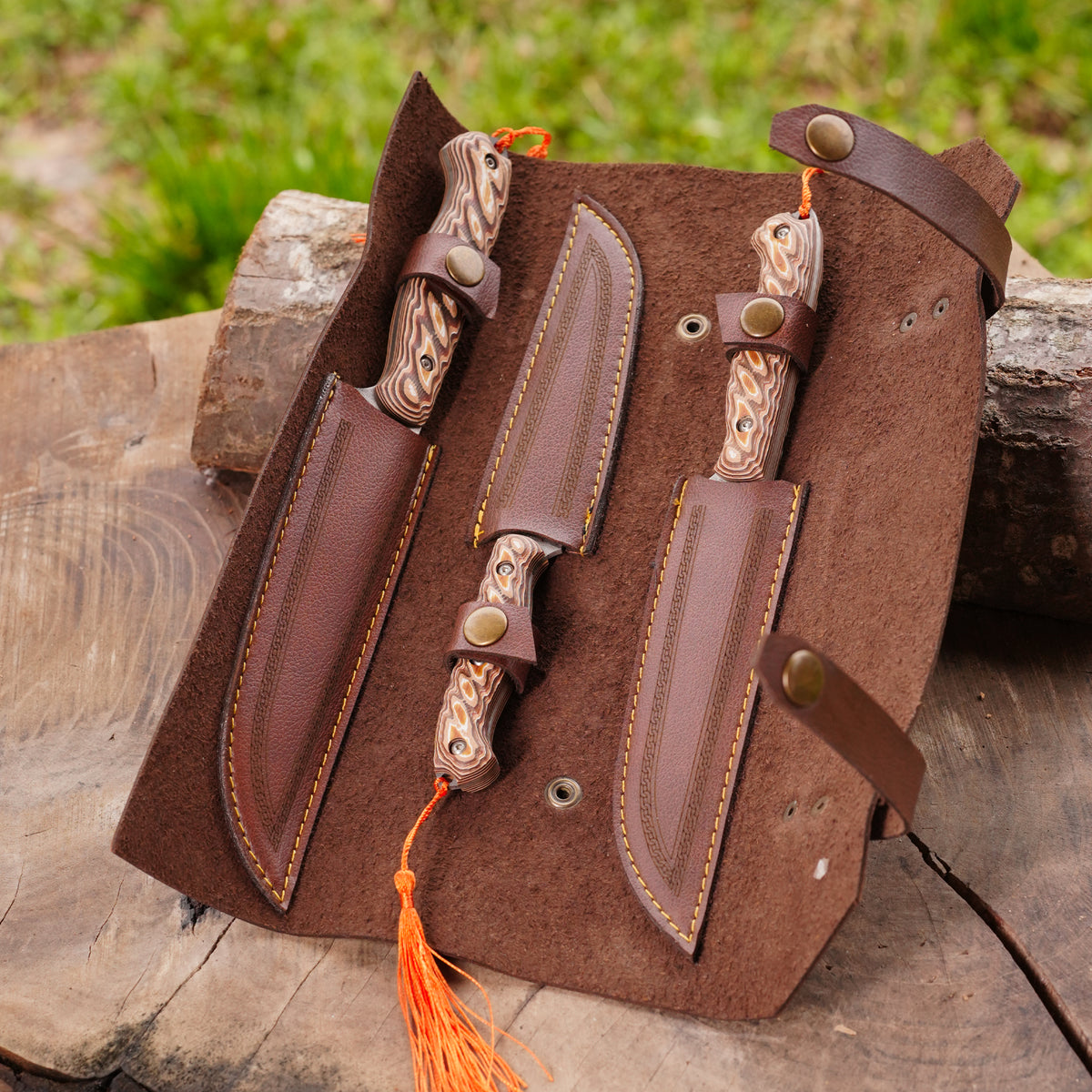 3’lü Sebze Bıçağı Seti - N690 Çelik - Verzalit Sap - Deri Çantalı