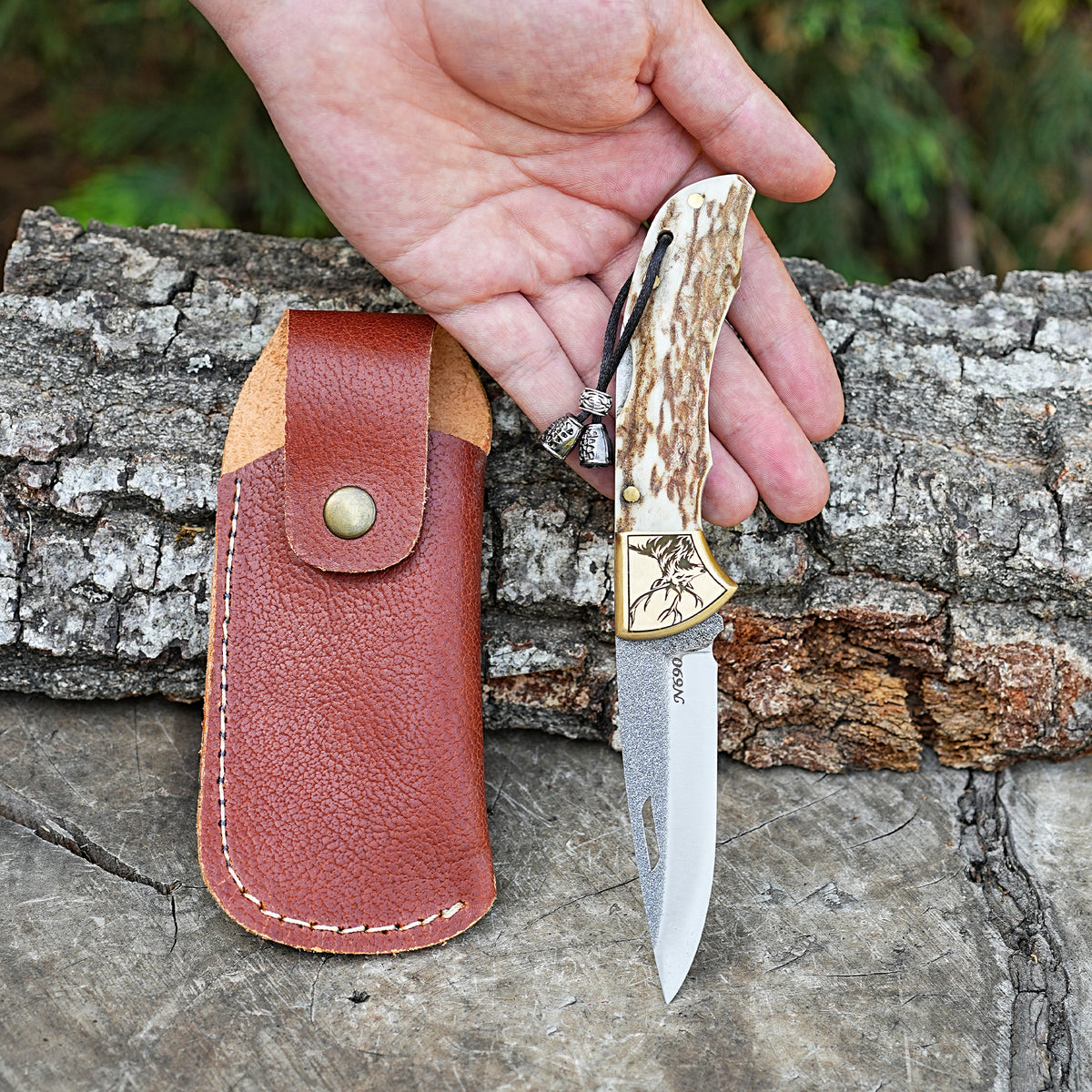 Katlanır Model - N690 Çelik -Geyik İşlemeli Geyik Boynuzu Sap - 19 Cm