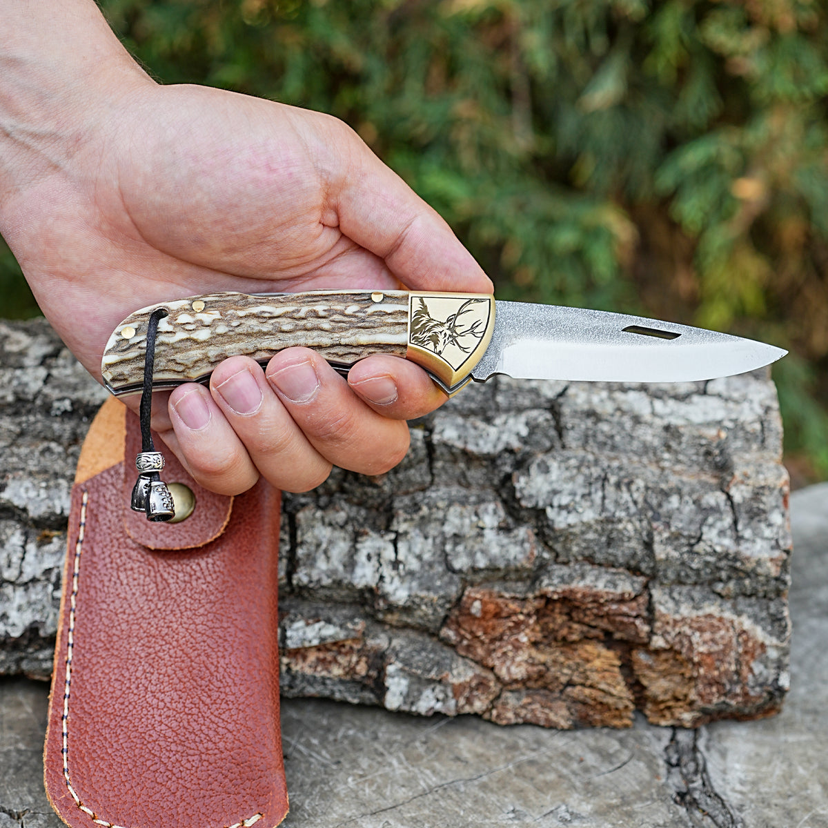 Katlanır Model - N690 Çelik -Geyik İşlemeli Geyik Boynuzu Sap - 19 Cm