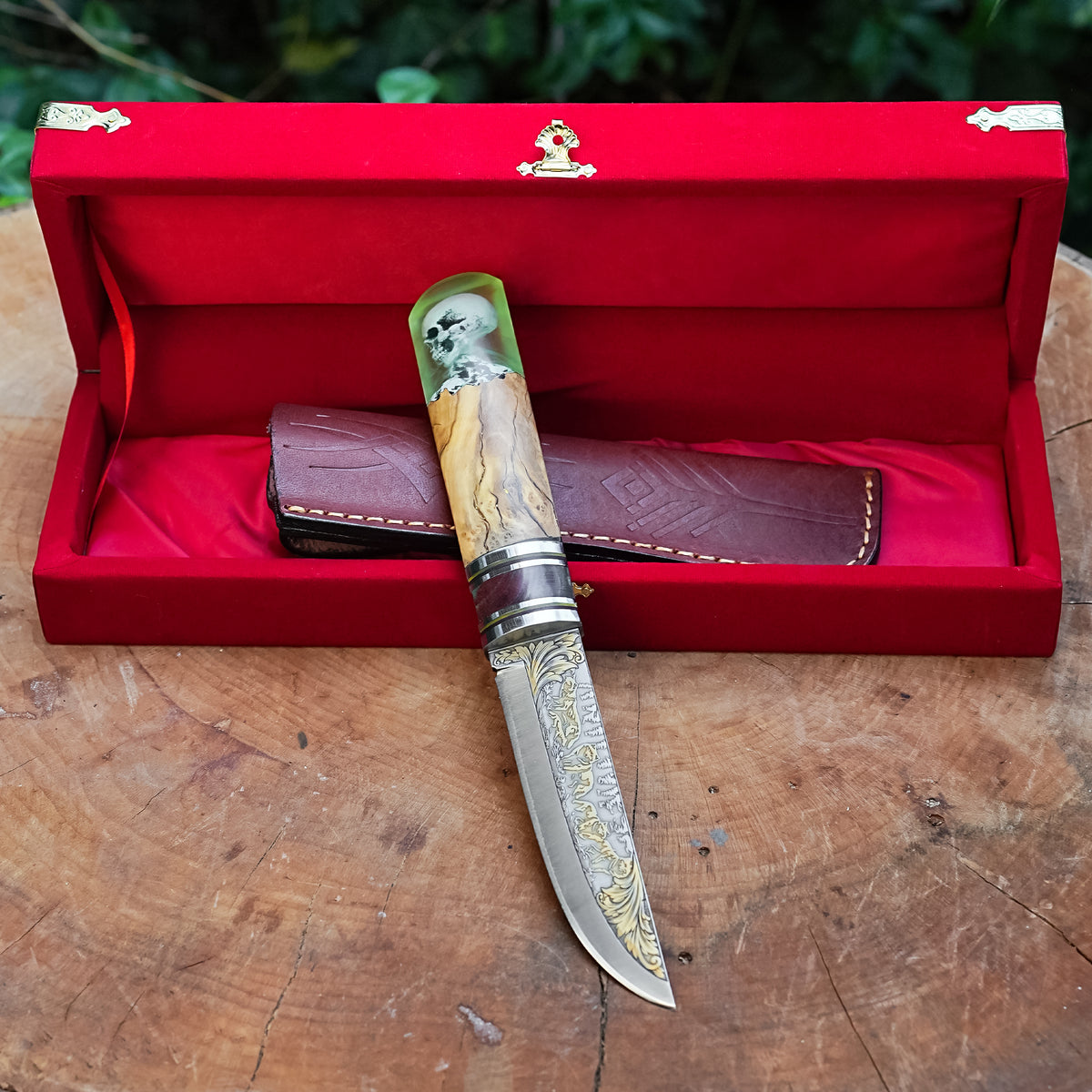 Puukko - N690 Çelik- 24K Altın Kaplama Kurt Gravür İşlemeli - Koleksiyonluk ve Hediyelik Bıçak