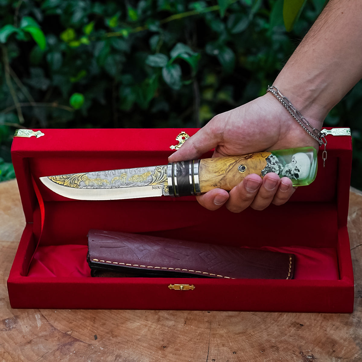 Puukko - N690 Çelik- 24K Altın Kaplama Kurt Gravür İşlemeli - Koleksiyonluk ve Hediyelik Bıçak
