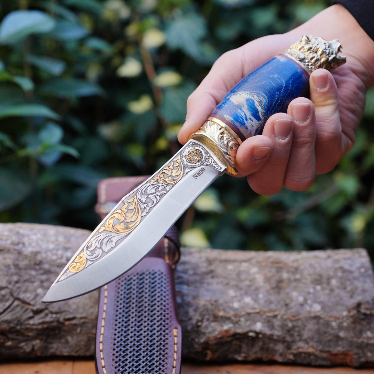 Koleksiyonluk ve Hediyelik Puukko Bıçak 24K Altın Kaplama Ayı Başlı Gravür İşlemeli